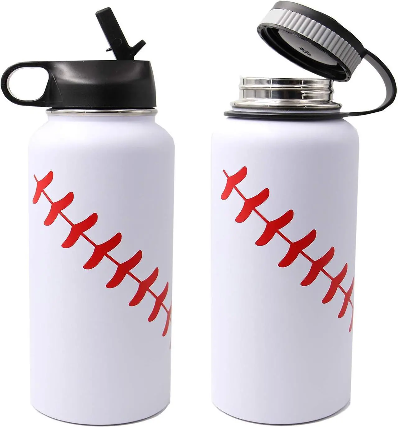 Alt view image 6 of 7 - 32 oz Baseball Water Bottle, Wide Mouth Sports Flask Metal Travel Tumbler with 2 Lids 18/8 Stainless Steel Double Wall Vacuum Insulated (32oz, White baseball)