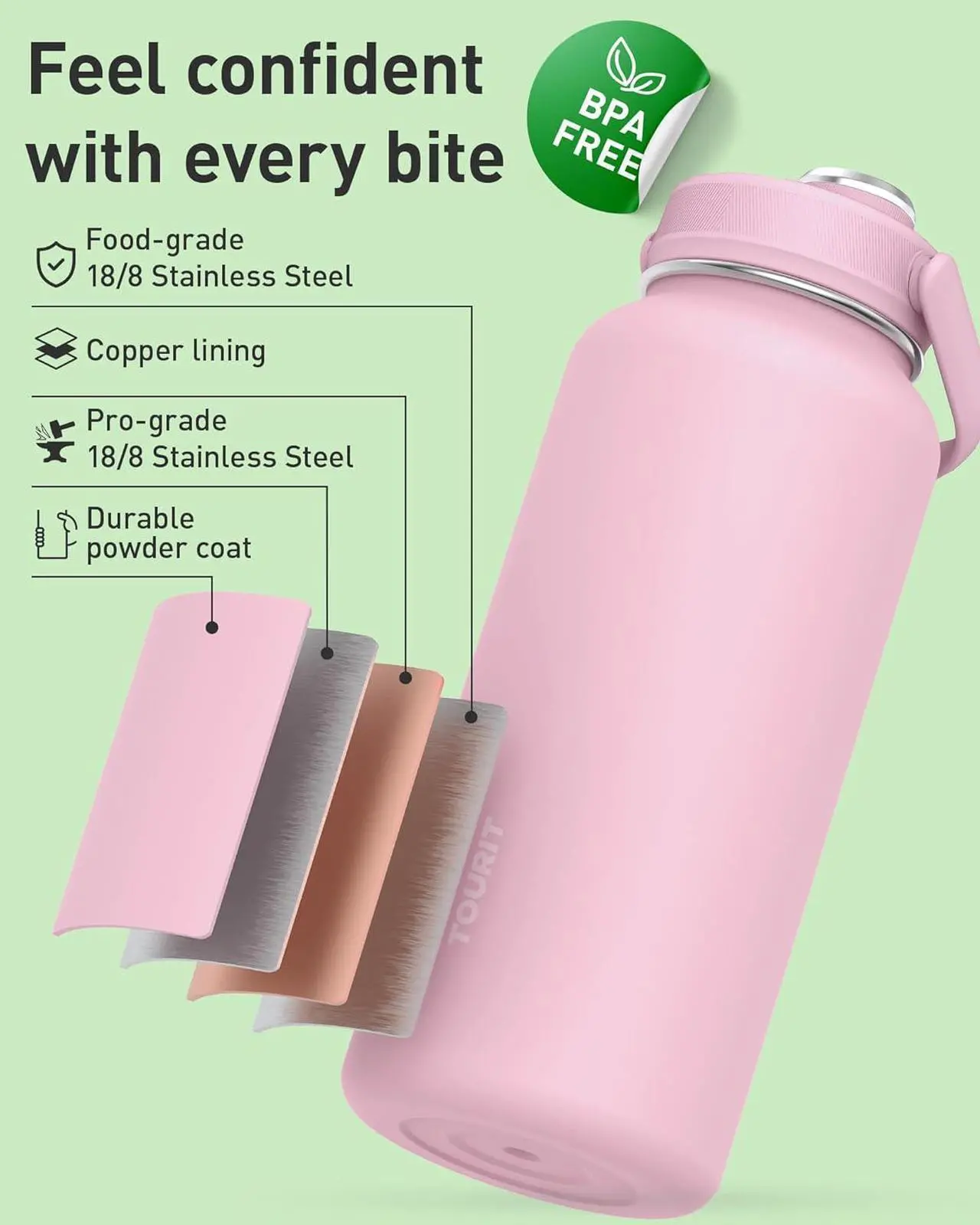 Alt view image 4 of 7 - TOURIT 32 oz Insulated Water Bottle, Stainless Steel Sports Water Bottles With Top Handle, Double-Wall Travel Thermal Water Flask, BPA Free Leakproof Thermos Bottle for Sports and Travel, Mint Green