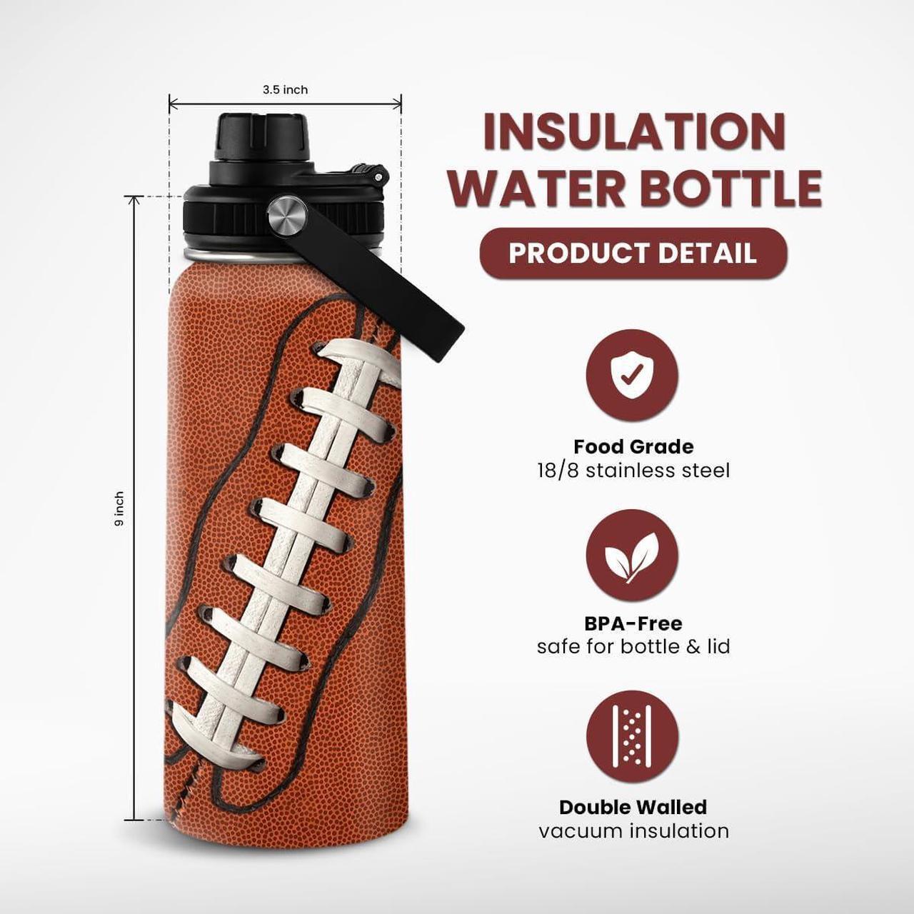 Alt view image 3 of 7 - SANDJEST Football Water Bottle - 32oz Insulated Stainless Steel Sports Bottles - Gifts for Men Football Lovers Fan Players