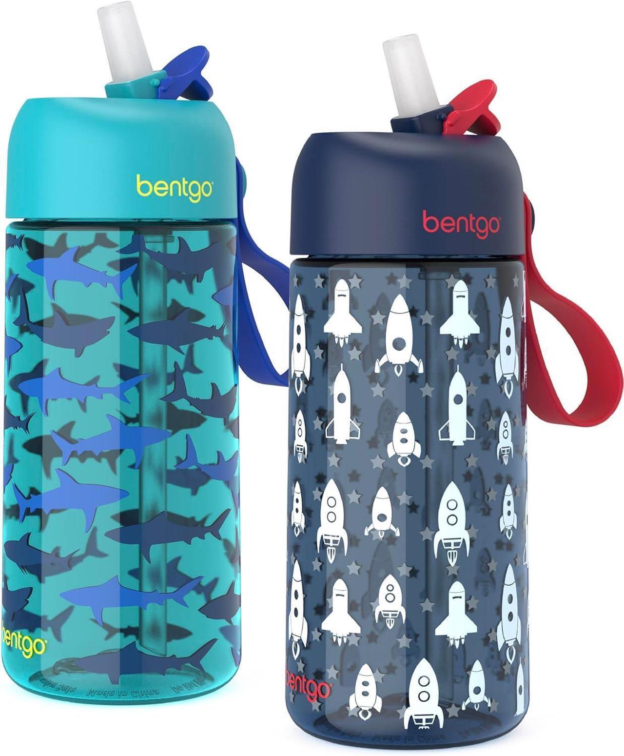 Main image of Bentgo Kids Water Bottle 2-Pack - Leak-Proof, Durable Tritan, BPA-Free 15 oz Cup for Kids/Toddlers 3+; Flip-Up Straw; Dishwasher Safe for School/Sports/Daycare/Camp (Rocket/Shark)