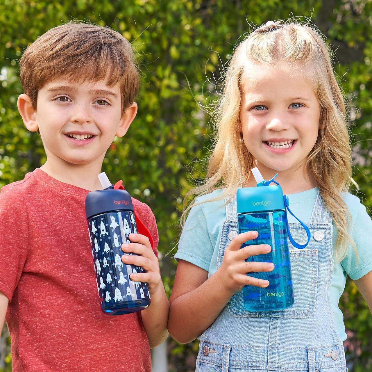 Alt view image 2 of 7 - Bentgo Kids Water Bottle 2-Pack - Leak-Proof, Durable Tritan, BPA-Free 15 oz Cup for Kids/Toddlers 3+; Flip-Up Straw; Dishwasher Safe for School/Sports/Daycare/Camp (Rocket/Shark)