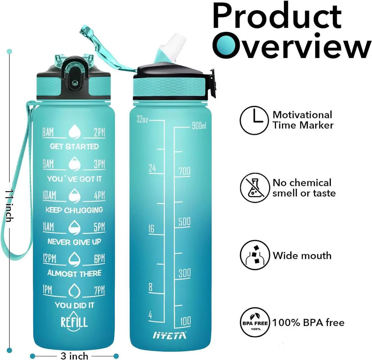 Alt view image 2 of 6 - Hyeta 32 oz Water Bottles with Times to Drink and Straw, Motivational Water Bottle with Time Marker, Leakproof, Drinking Sports Water Bottle for Fitness, Gym and Outdoor