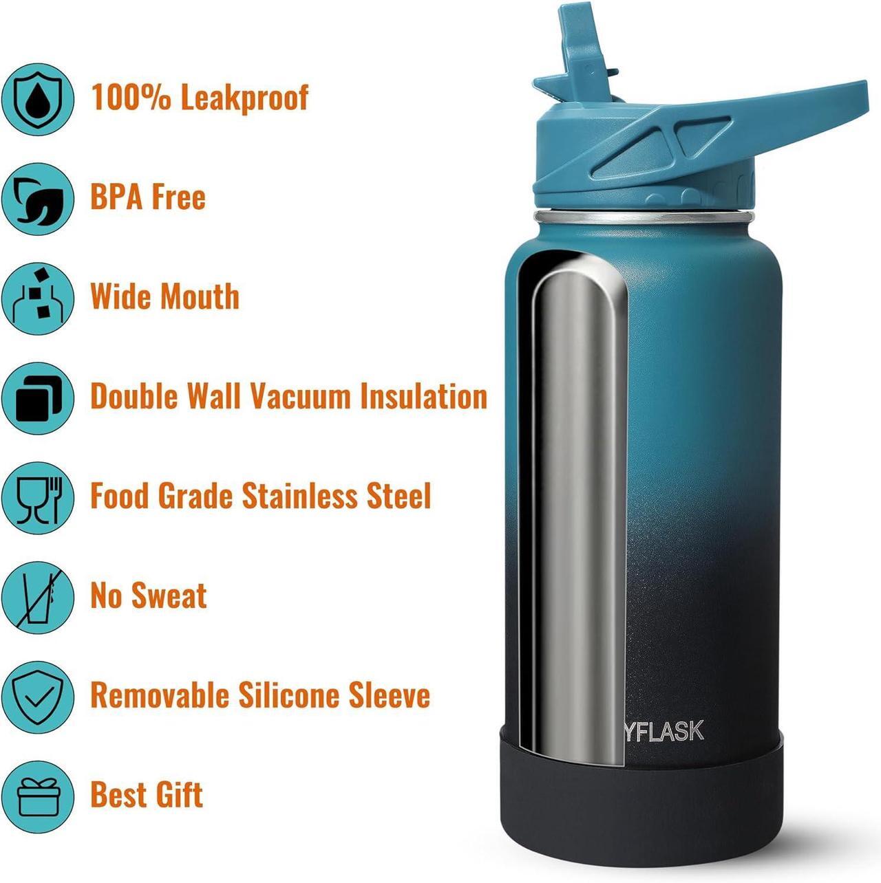 Alt view image 3 of 7 - 32oz Insulated Water Bottle with Straw, Stainless Steel Metal Vacuum Water Flask, Large Thermos Water bottle with Leakproof 3 Lids for Travel, Camping, Gym Sports Black