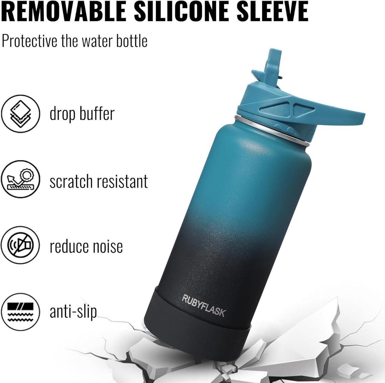 Alt view image 5 of 7 - 32oz Insulated Water Bottle with Straw, Stainless Steel Metal Vacuum Water Flask, Large Thermos Water bottle with Leakproof 3 Lids for Travel, Camping, Gym Sports Black