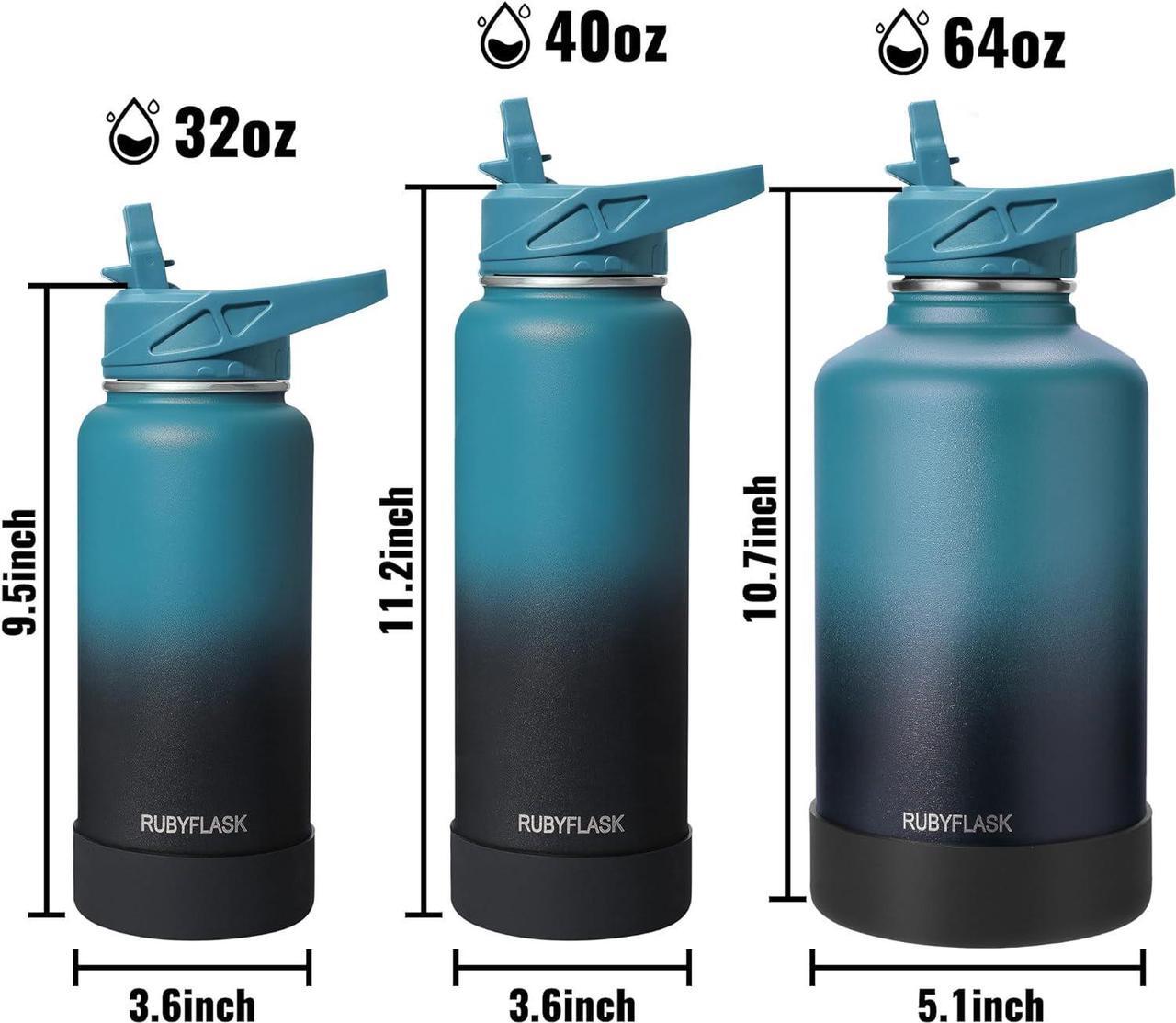 Alt view image 6 of 7 - 32oz Insulated Water Bottle with Straw, Stainless Steel Metal Vacuum Water Flask, Large Thermos Water bottle with Leakproof 3 Lids for Travel, Camping, Gym Sports Black
