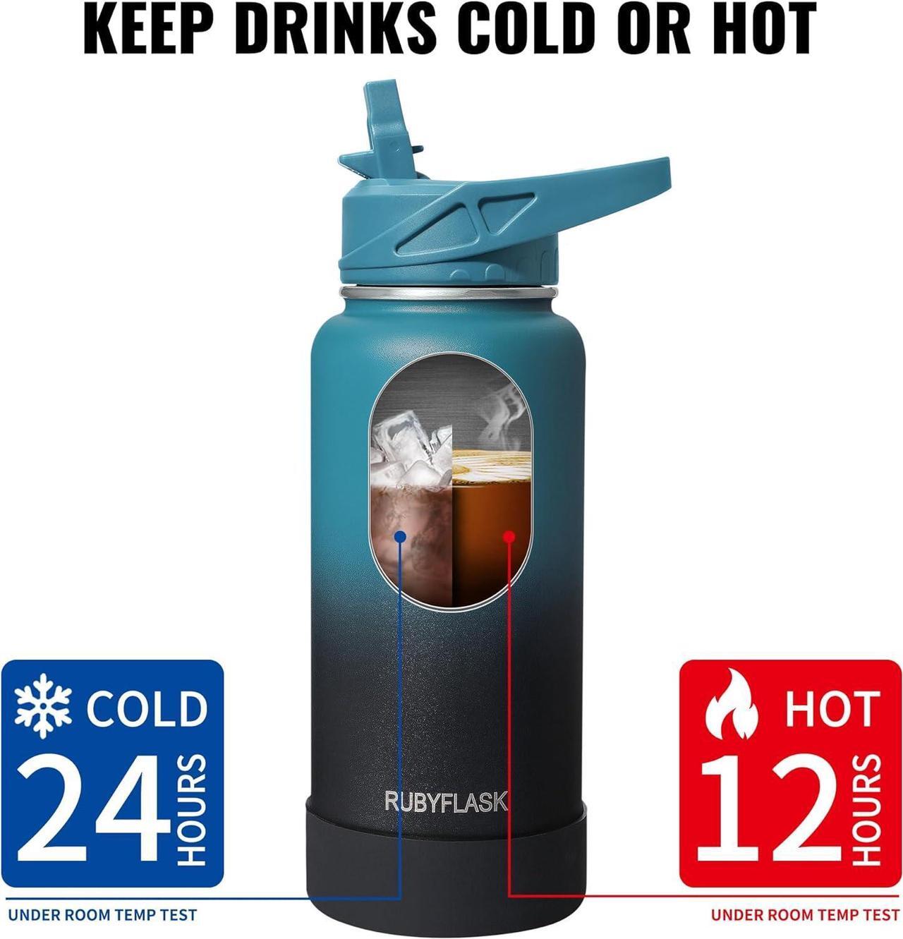 Alt view image 4 of 7 - 32oz Insulated Water Bottle with Straw, Stainless Steel Metal Vacuum Water Flask, Large Thermos Water bottle with Leakproof 3 Lids for Travel, Camping, Gym Sports Black