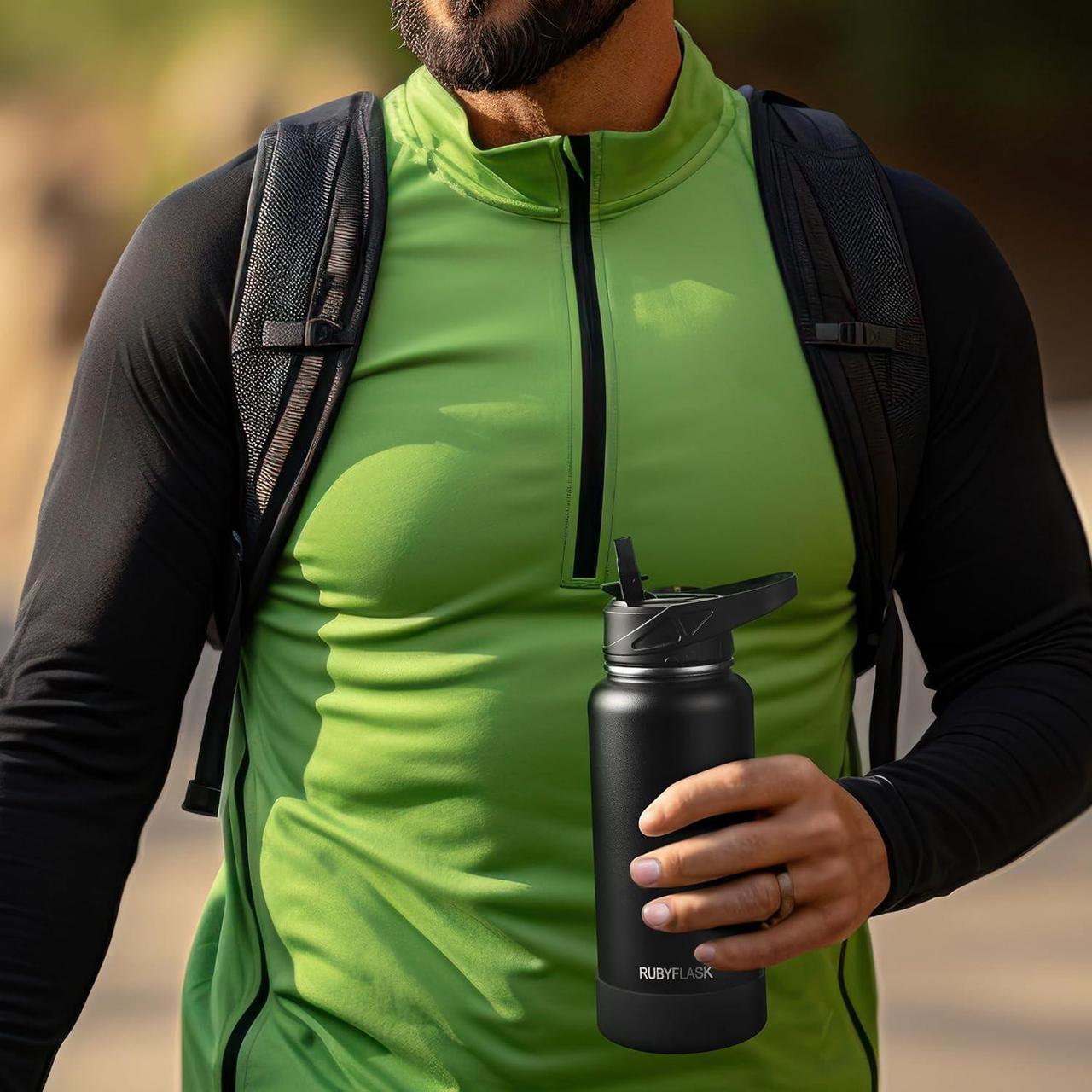 Alt view image 7 of 7 - 32oz Insulated Water Bottle with Straw, Stainless Steel Metal Vacuum Water Flask, Large Thermos Water bottle with Leakproof 3 Lids for Travel, Camping, Gym Sports Black