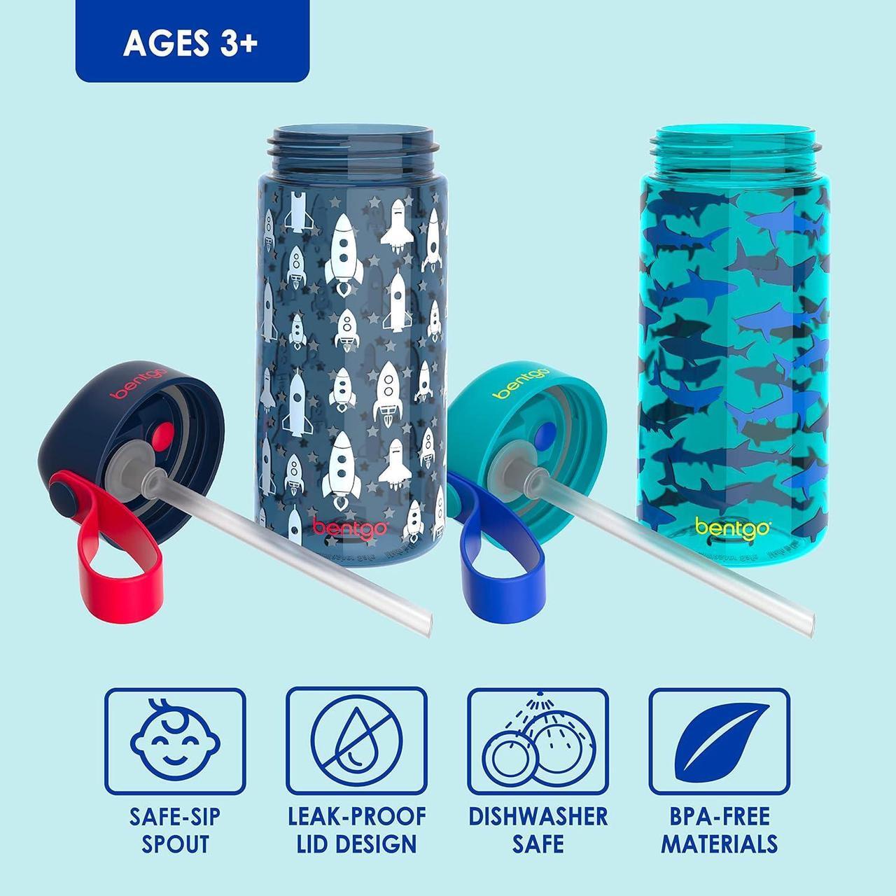 Alt view image 5 of 7 - Bentgo Kids Water Bottle 2-Pack - Leak-Proof, Durable Tritan, BPA-Free 15 oz Cup for Kids/Toddlers 3+; Flip-Up Straw; Dishwasher Safe for School/Sports/Daycare/Camp (Rocket/Shark)