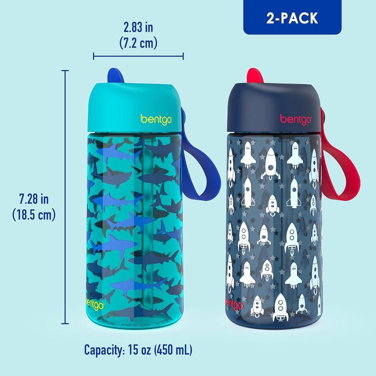 Alt view image 6 of 7 - Bentgo Kids Water Bottle 2-Pack - Leak-Proof, Durable Tritan, BPA-Free 15 oz Cup for Kids/Toddlers 3+; Flip-Up Straw; Dishwasher Safe for School/Sports/Daycare/Camp (Rocket/Shark)