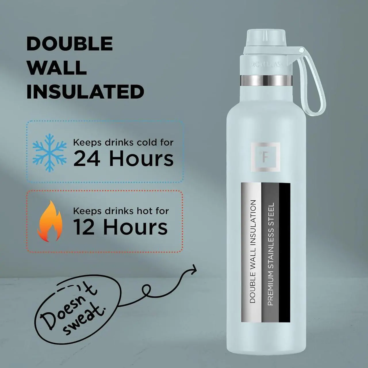 Alt view image 3 of 7 - IRON °FLASK Camping & Hiking Hydration Canteens - 3 Lids (Narrow Spout Lid) Leak Proof Vacuum Insulated Stainless Steel - Hot & Cold Double Walled Sports Water Bottle - Morning Mist, 24 Oz