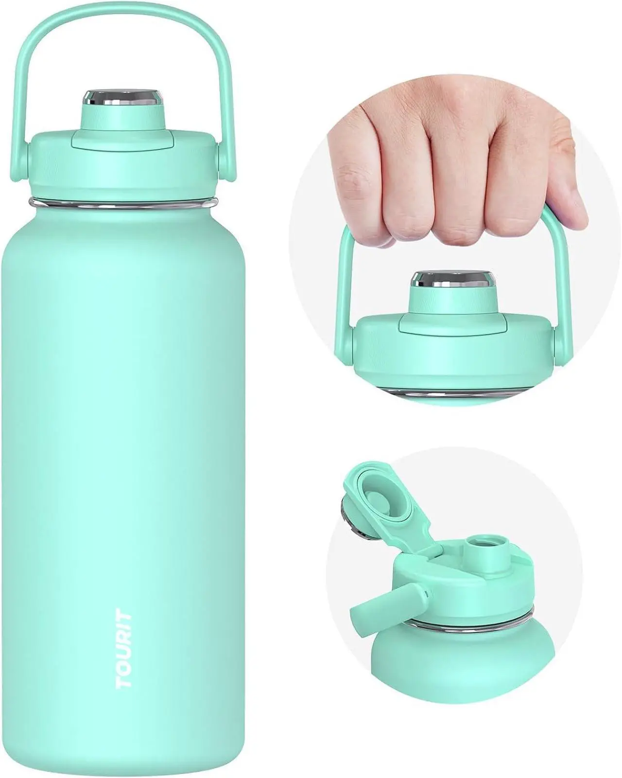 Main image of TOURIT 32 oz Insulated Water Bottle, Stainless Steel Sports Water Bottles With Top Handle, Double-Wall Travel Thermal Water Flask, BPA Free Leakproof Thermos Bottle for Sports and Travel, Mint Green