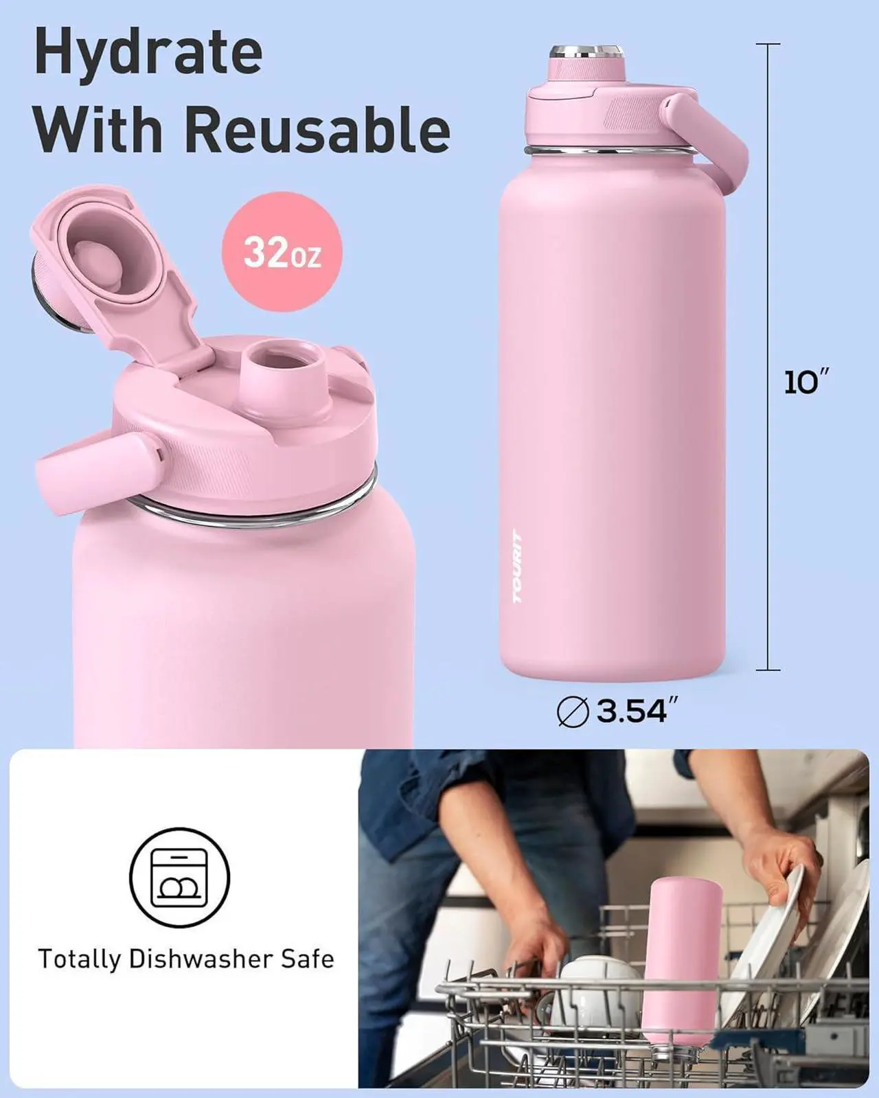 Alt view image 6 of 7 - TOURIT 32 oz Insulated Water Bottle, Stainless Steel Sports Water Bottles With Top Handle, Double-Wall Travel Thermal Water Flask, BPA Free Leakproof Thermos Bottle for Sports and Travel, Mint Green