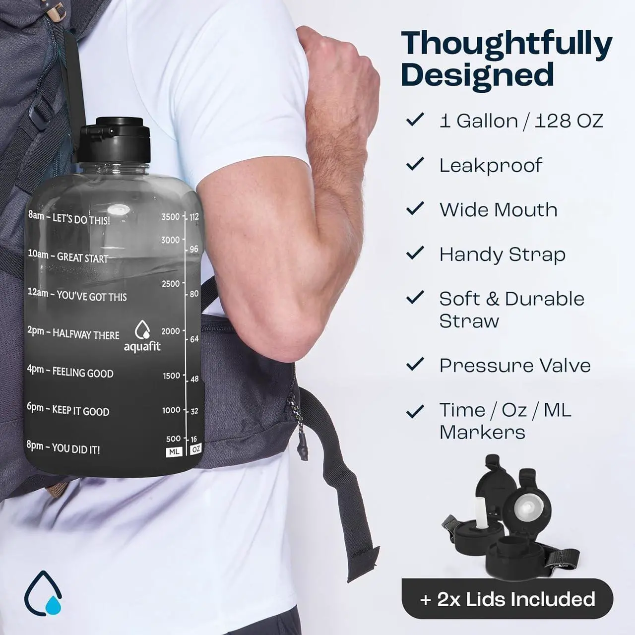 Alt view image 5 of 6 - AQUAFIT 1 Gallon Water Bottle with Time Marker - Straw & Chug Lid - BPA Free Big Water Bottle with Straw - Gym Water Bottle with Handle - Motivational 1 Gallon Water Jug (128 oz, Gray)