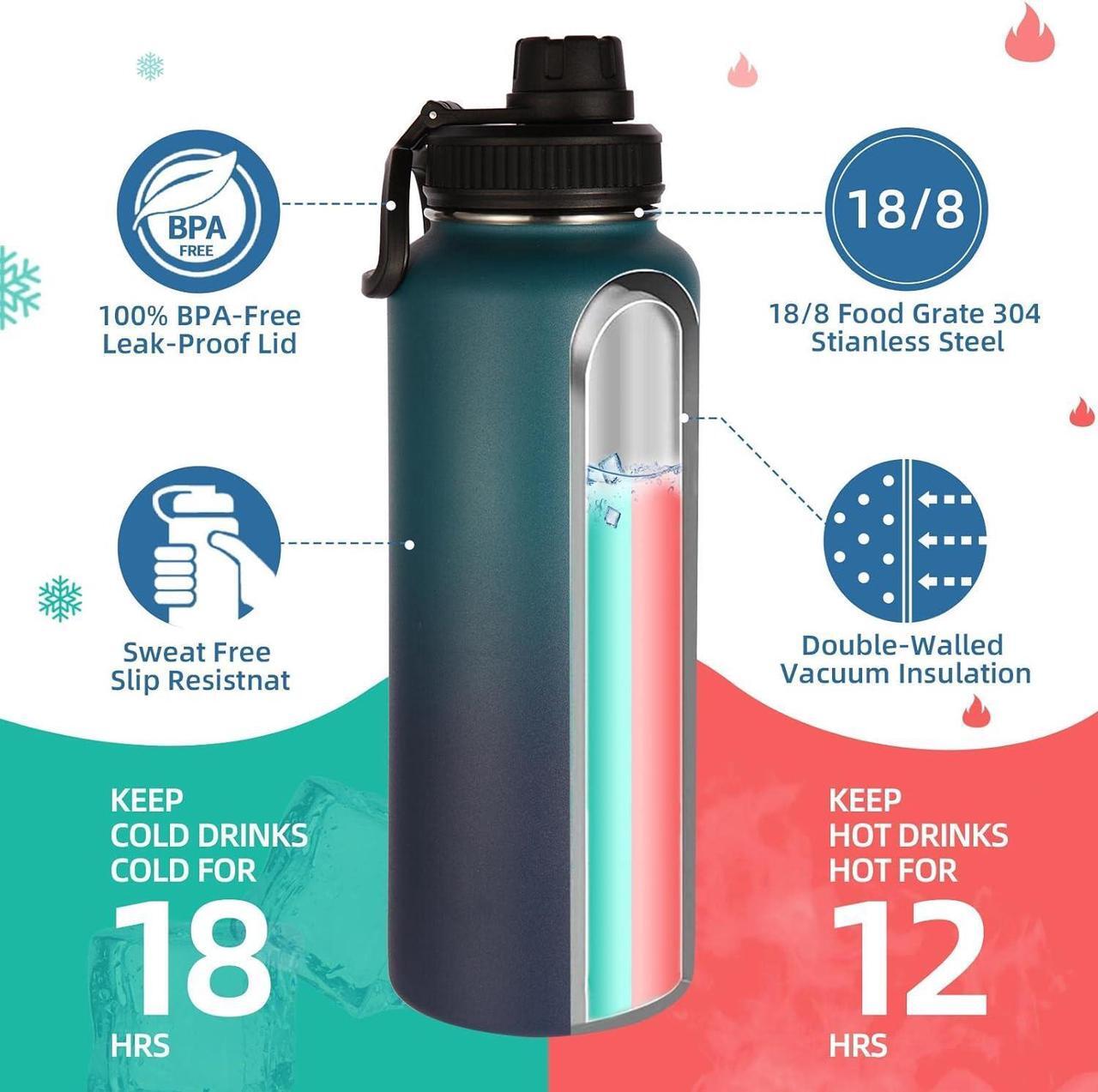 Alt view image 2 of 7 - Volhoply Insulated Water Bottles Bulk 2 Pack, 40 oz Stainless Steel Sports Bottle with Paracord Handle & Spout Lid, Reusable Double Walled Vacuum Travel Thermos for Adults Hiking(Dark Night,2 Set)