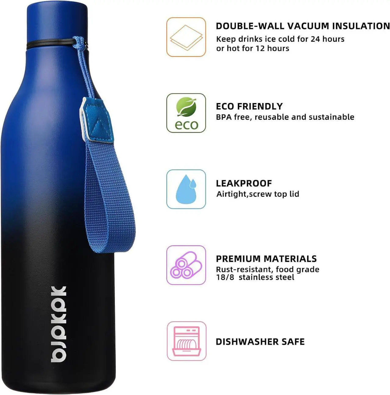 Alt view image 2 of 6 - BJPKPK Insulated Water Bottles, 25 oz Stainless Steel Metal Water Bottle with Strap, BPA Free Leak Proof Thermos, Mugs, Flasks, Reusable Water Bottle for Sports & Travel, Blue Black