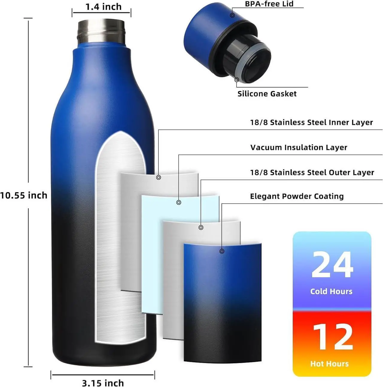 Alt view image 3 of 6 - BJPKPK Insulated Water Bottles, 25 oz Stainless Steel Metal Water Bottle with Strap, BPA Free Leak Proof Thermos, Mugs, Flasks, Reusable Water Bottle for Sports & Travel, Blue Black