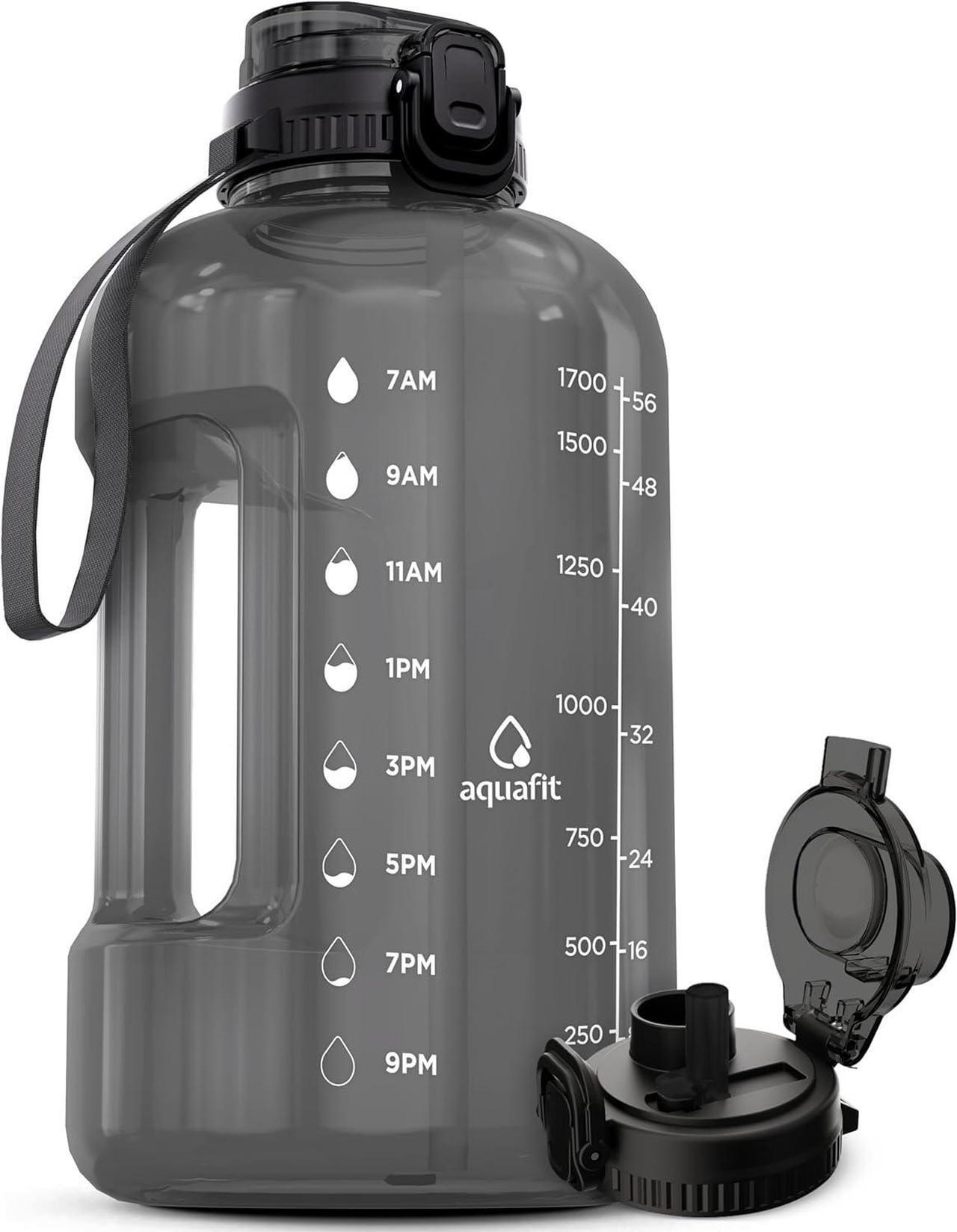 Main image of AQUAFIT 64 oz Water Bottle with Time Marker, BPA Free Half Gallon Water Bottle with Straw, Gym Water Bottle with Handle, Gallon Water Jug, Big Water Bottle, Large Water Bottle (Gray, 64oz 2in1 Lid)
