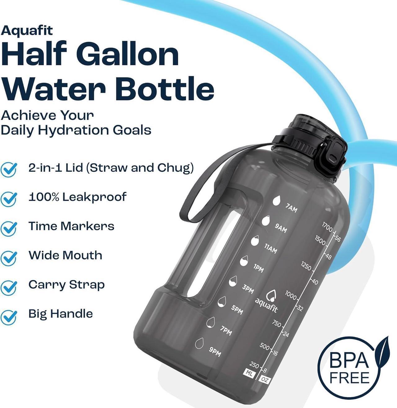 Alt view image 2 of 7 - AQUAFIT 64 oz Water Bottle with Time Marker, BPA Free Half Gallon Water Bottle with Straw, Gym Water Bottle with Handle, Gallon Water Jug, Big Water Bottle, Large Water Bottle (Gray, 64oz 2in1 Lid)