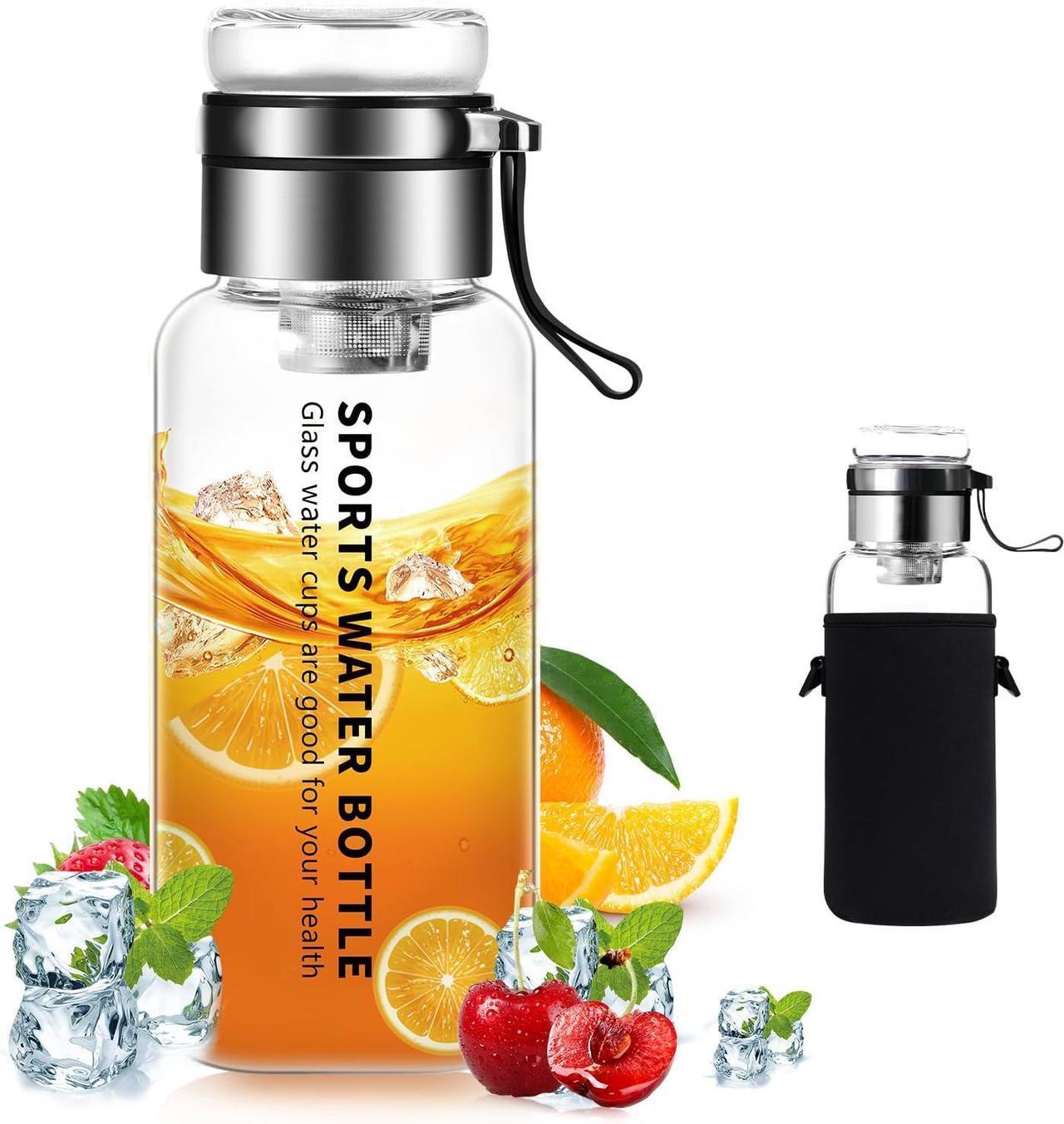 Main image of 40 oz Glass Water Bottles - Large, Clear, Borosilicate Glass Water Bottle with Stainless Tea Infuser - Cup-Function Lid, Neoprene Sleeve, Strap - Wide Mouth BPA free, for Tea, Beverages, Juice