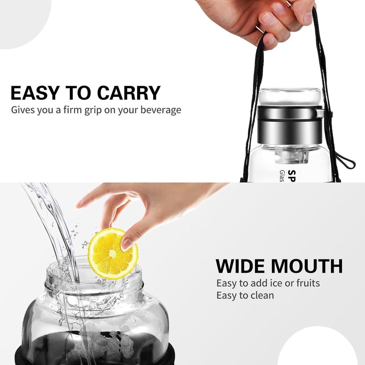 Alt view image 3 of 6 - 40 oz Glass Water Bottles - Large, Clear, Borosilicate Glass Water Bottle with Stainless Tea Infuser - Cup-Function Lid, Neoprene Sleeve, Strap - Wide Mouth BPA free, for Tea, Beverages, Juice