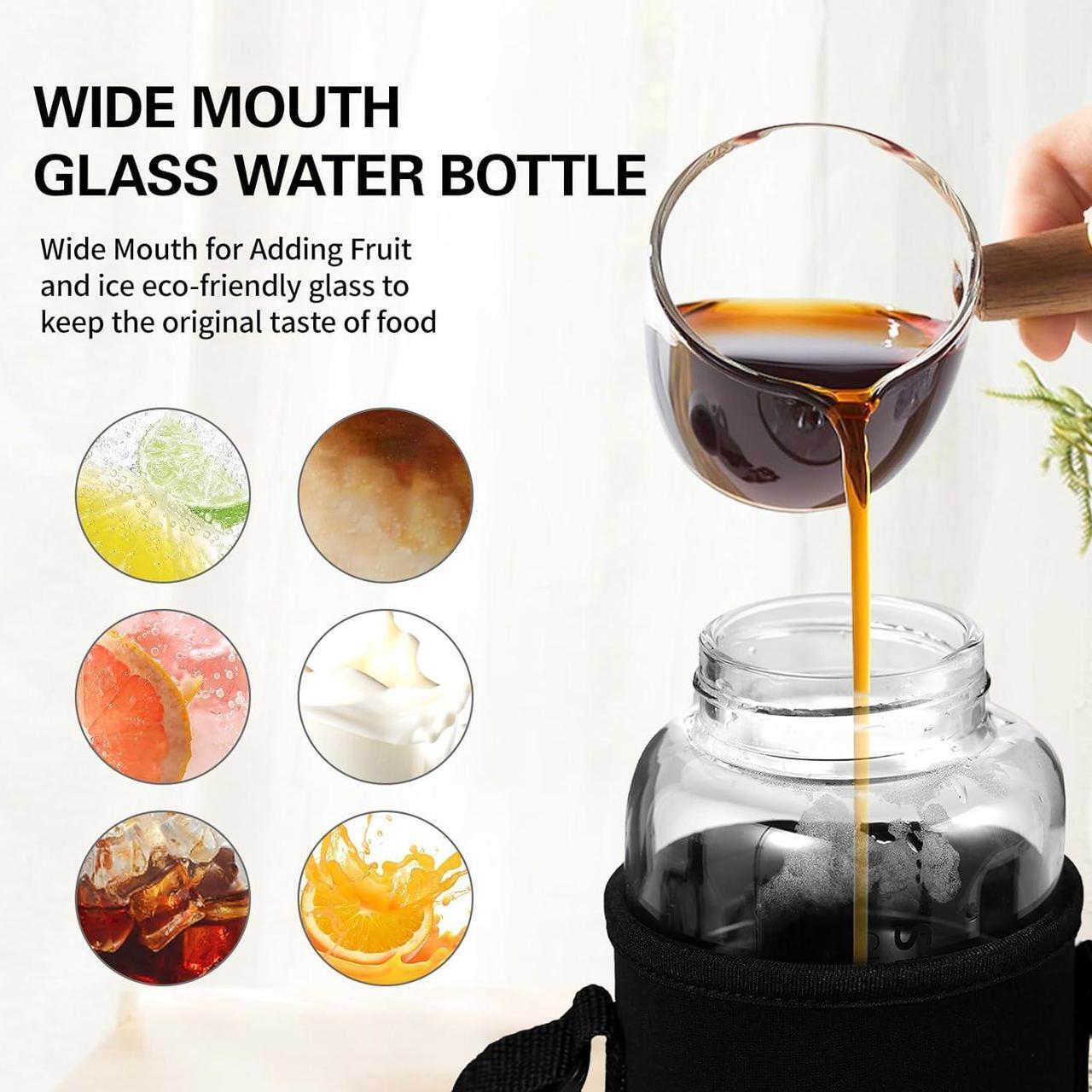 Alt view image 2 of 6 - 40 oz Glass Water Bottles - Large, Clear, Borosilicate Glass Water Bottle with Stainless Tea Infuser - Cup-Function Lid, Neoprene Sleeve, Strap - Wide Mouth BPA free, for Tea, Beverages, Juice