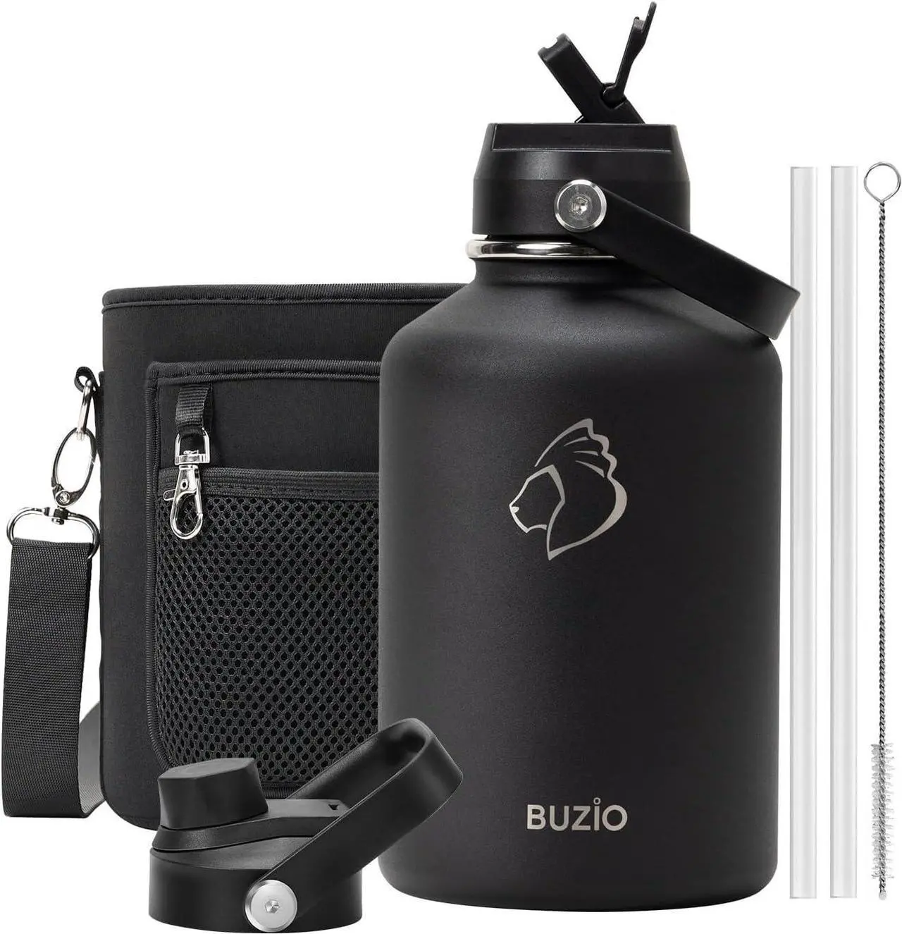 Main image of BUZIO 64oz Insulated Water Bottle, Half Gallon Stainless Steel Water Jug with Straw Lid and Carrying Pouch, Keep Cold 48H Double Wall Vacuum Lead-Free Metal Drinking Flask for Gym Beach, Black