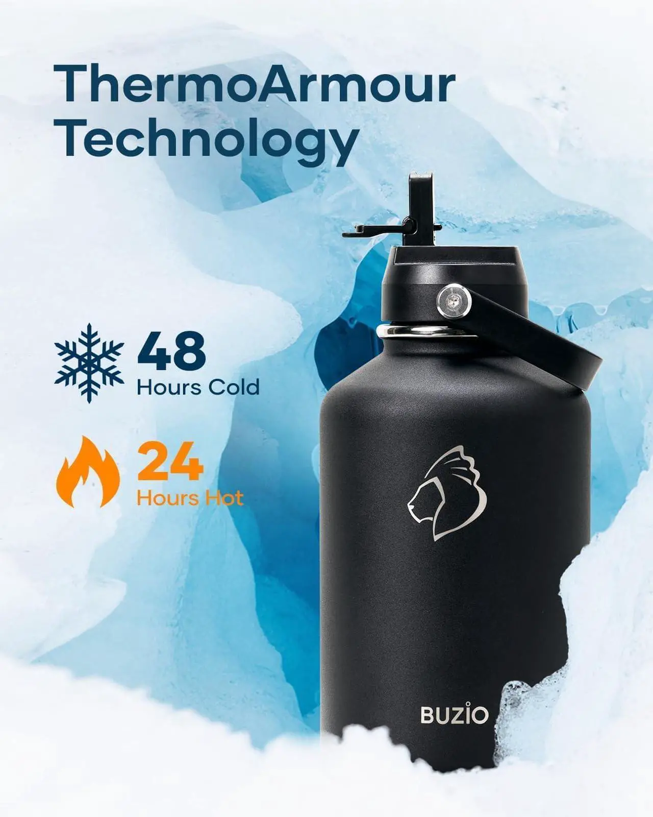 Alt view image 2 of 7 - BUZIO 64oz Insulated Water Bottle, Half Gallon Stainless Steel Water Jug with Straw Lid and Carrying Pouch, Keep Cold 48H Double Wall Vacuum Lead-Free Metal Drinking Flask for Gym Beach, Black