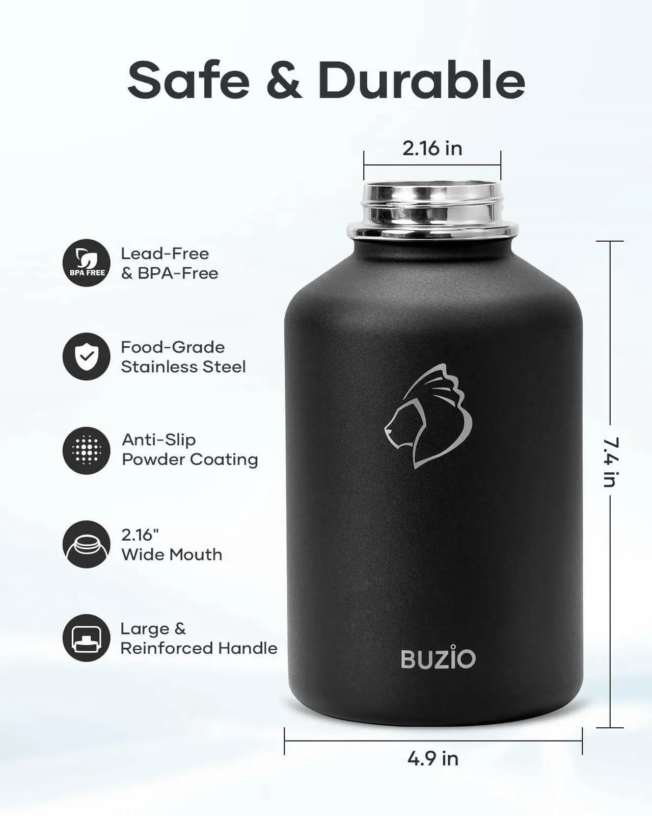 Alt view image 5 of 7 - BUZIO 64oz Insulated Water Bottle, Half Gallon Stainless Steel Water Jug with Straw Lid and Carrying Pouch, Keep Cold 48H Double Wall Vacuum Lead-Free Metal Drinking Flask for Gym Beach, Black