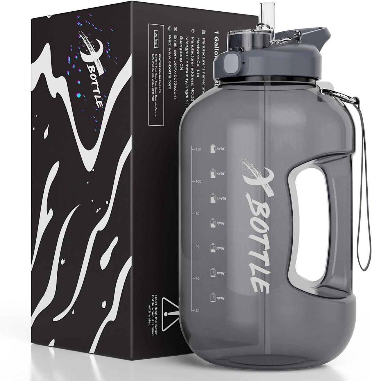 Main image of 1 Gallon Water Bottle with Straw & Chug lid, BPA Free Dishwasher Safe 128oz Large Water Bottle with Motivational Time Marker and Handle Leak-proof Big Water Jug for Camping Sports Workouts