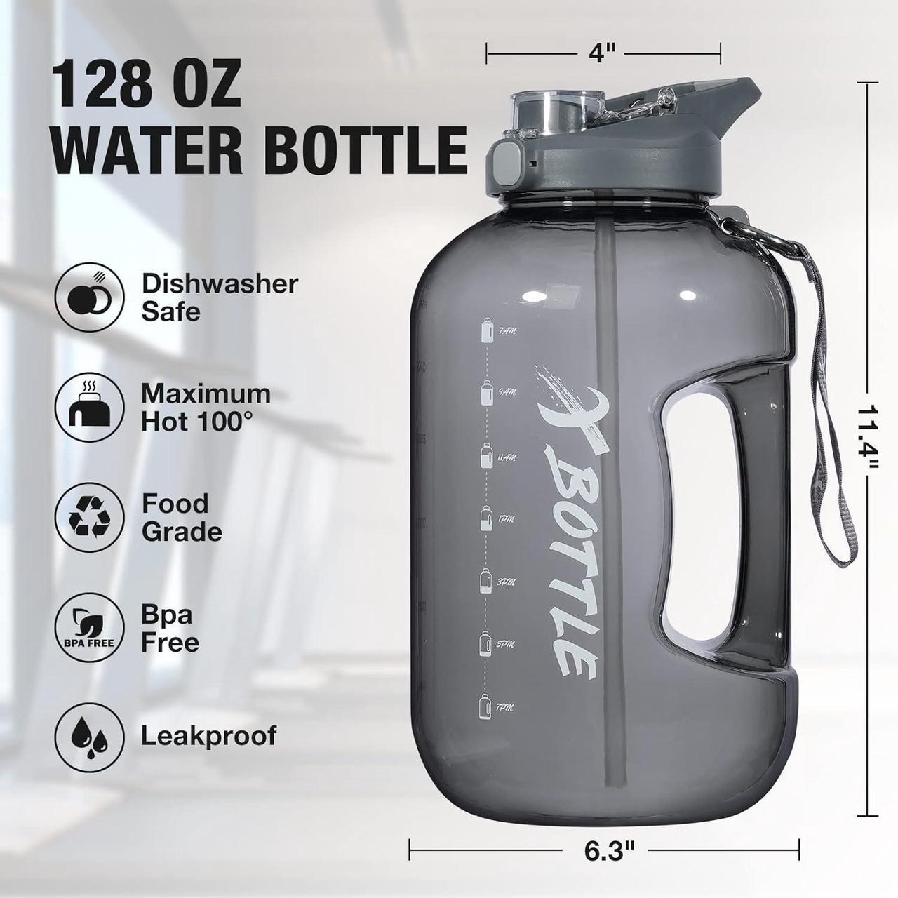 Alt view image 3 of 5 - 1 Gallon Water Bottle with Straw & Chug lid, BPA Free Dishwasher Safe 128oz Large Water Bottle with Motivational Time Marker and Handle Leak-proof Big Water Jug for Camping Sports Workouts