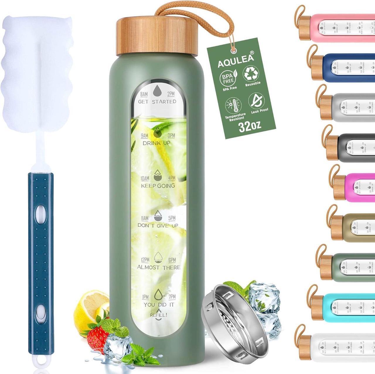 Main image of Aqulea Glass Water Bottles 32 Oz with Silicone Sleeve - BPA Free Reusable Wide Mouth Glass Motivational Water Bottles with Fruit Infuser  Leak Proof Borosilicate Water Bottle with Time Marker (Green)