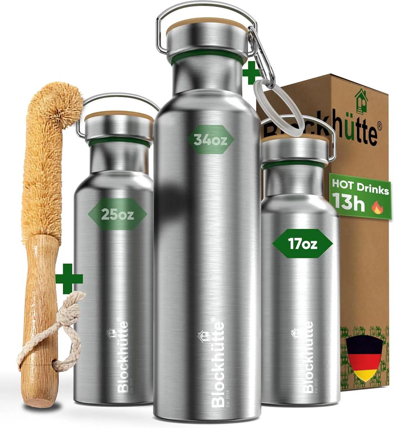 Main image of Blockhütte Vacuum Insulated Stainless Steel Water Bottle I 17 oz I Wide Mouth Metal Bottle for hot and cold drinks I BPA-Free I perfect for Travel, School I Kids, Adults, Water Canteen, Sports, flask