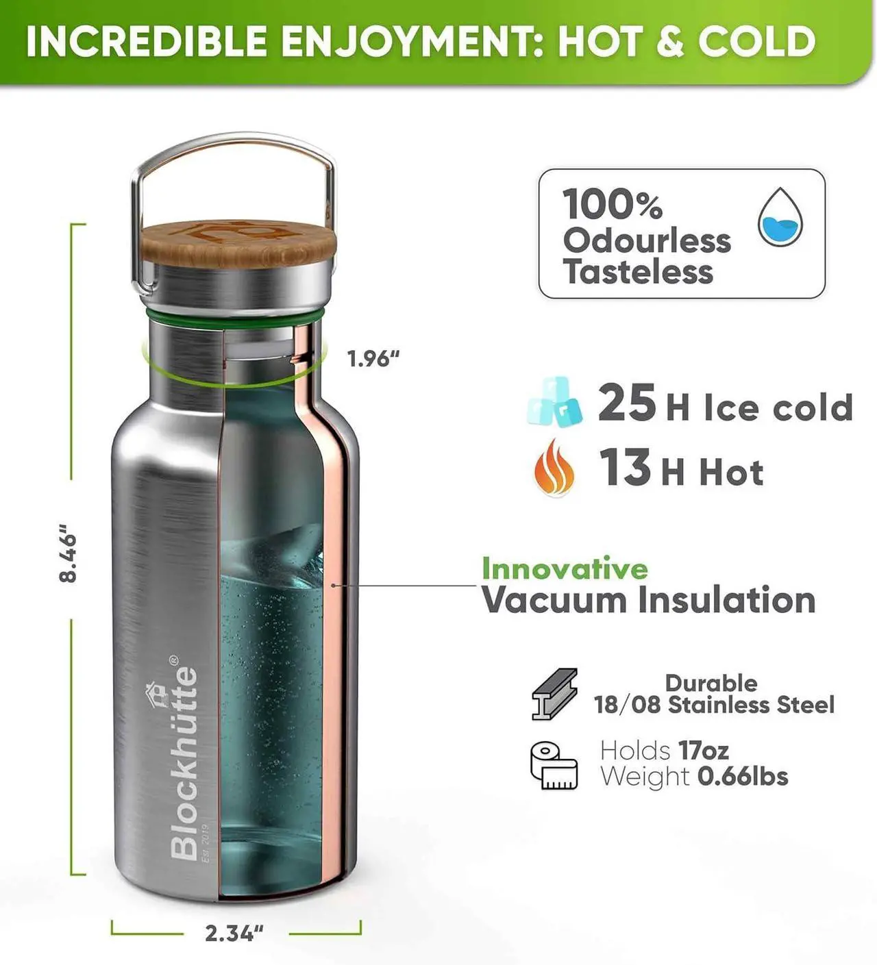 Alt view image 3 of 6 - Blockhütte Vacuum Insulated Stainless Steel Water Bottle I 17 oz I Wide Mouth Metal Bottle for hot and cold drinks I BPA-Free I perfect for Travel, School I Kids, Adults, Water Canteen, Sports, flask