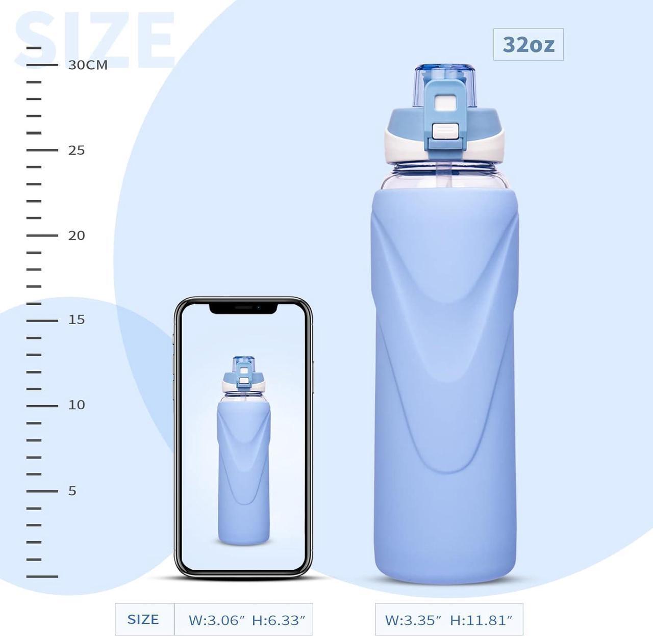 Alt view image 7 of 7 - 32 oz Sports Glass Water Bottle with Straw & Silicone Sleeve Reusable BPA-free Borosilicate Glass Drinking Bottle with Flip Top Lid & Handle Wide Mouth (Sky Blue)