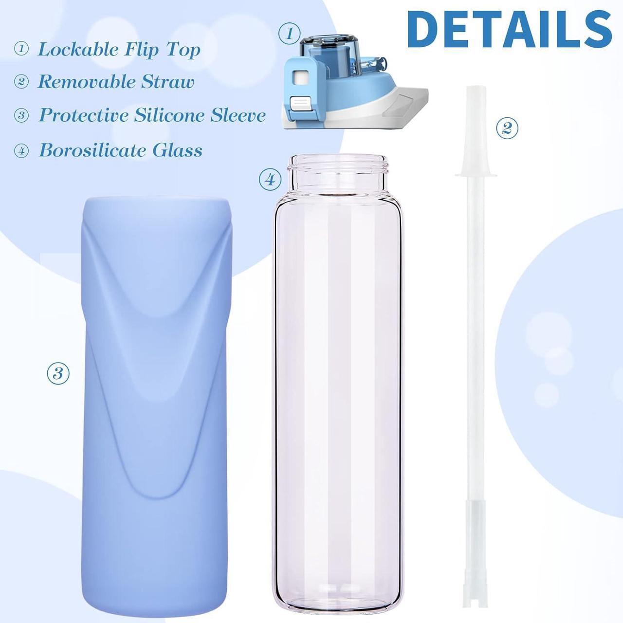 Alt view image 6 of 7 - 32 oz Sports Glass Water Bottle with Straw & Silicone Sleeve Reusable BPA-free Borosilicate Glass Drinking Bottle with Flip Top Lid & Handle Wide Mouth (Sky Blue)