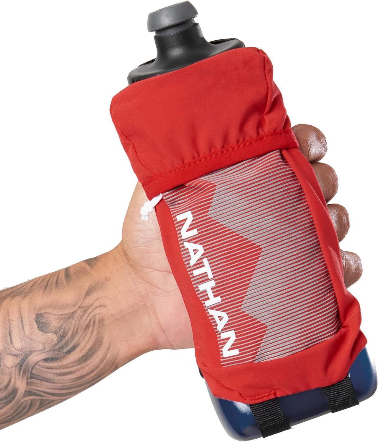 Alt view image 3 of 7 - Nathan Running Handheld Quick Squeeze Water Bottle. No-Grip Adjustable Hand Strap. 12oz / 18oz / Insulated. Reflective Hydration Water Bottle.