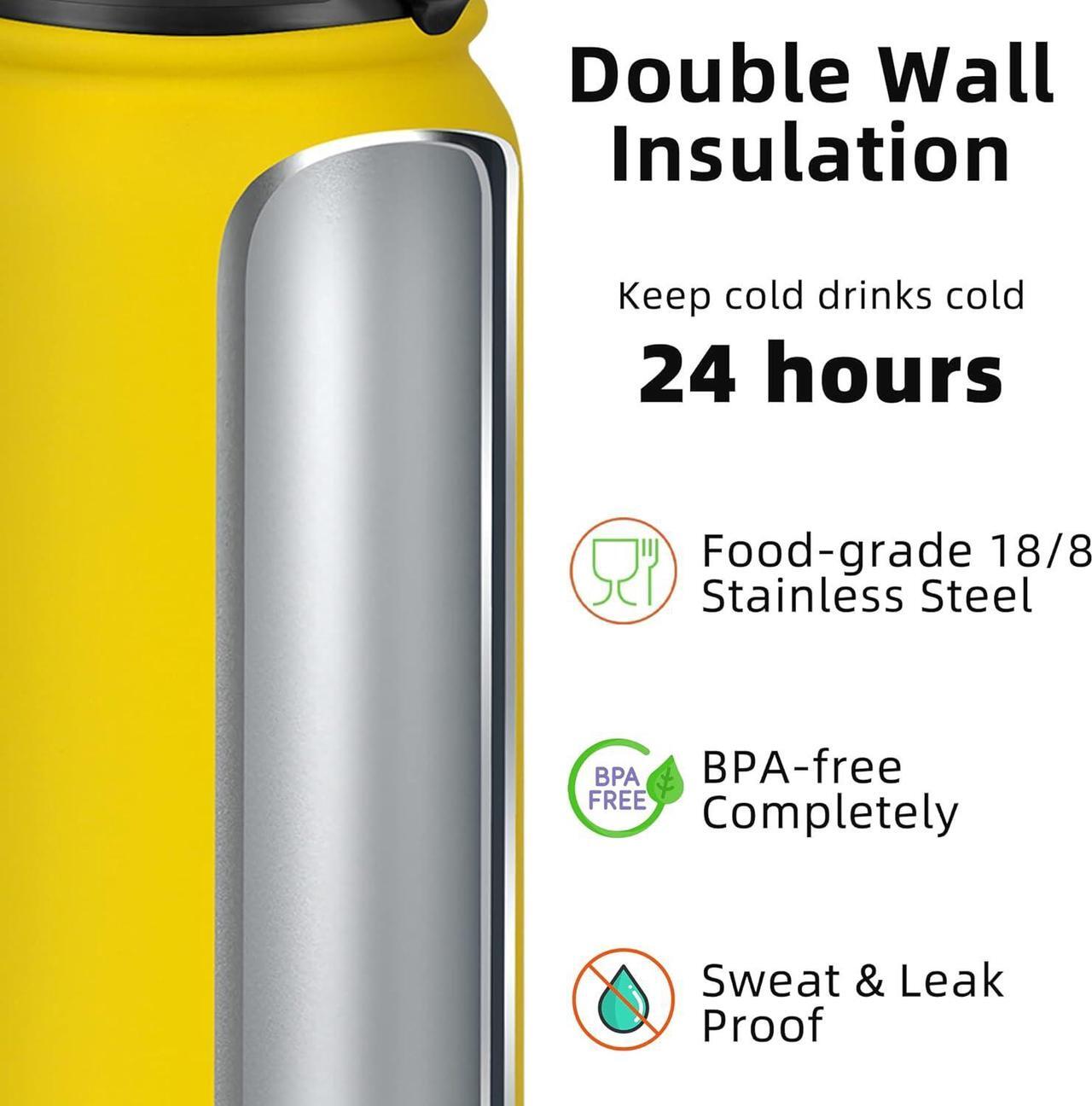 Alt view image 3 of 7 - Fanhaw 32 Oz Stainless Steel Insulated Sports Water Bottles with Straw for Kids, Men and Women (Yellow)
