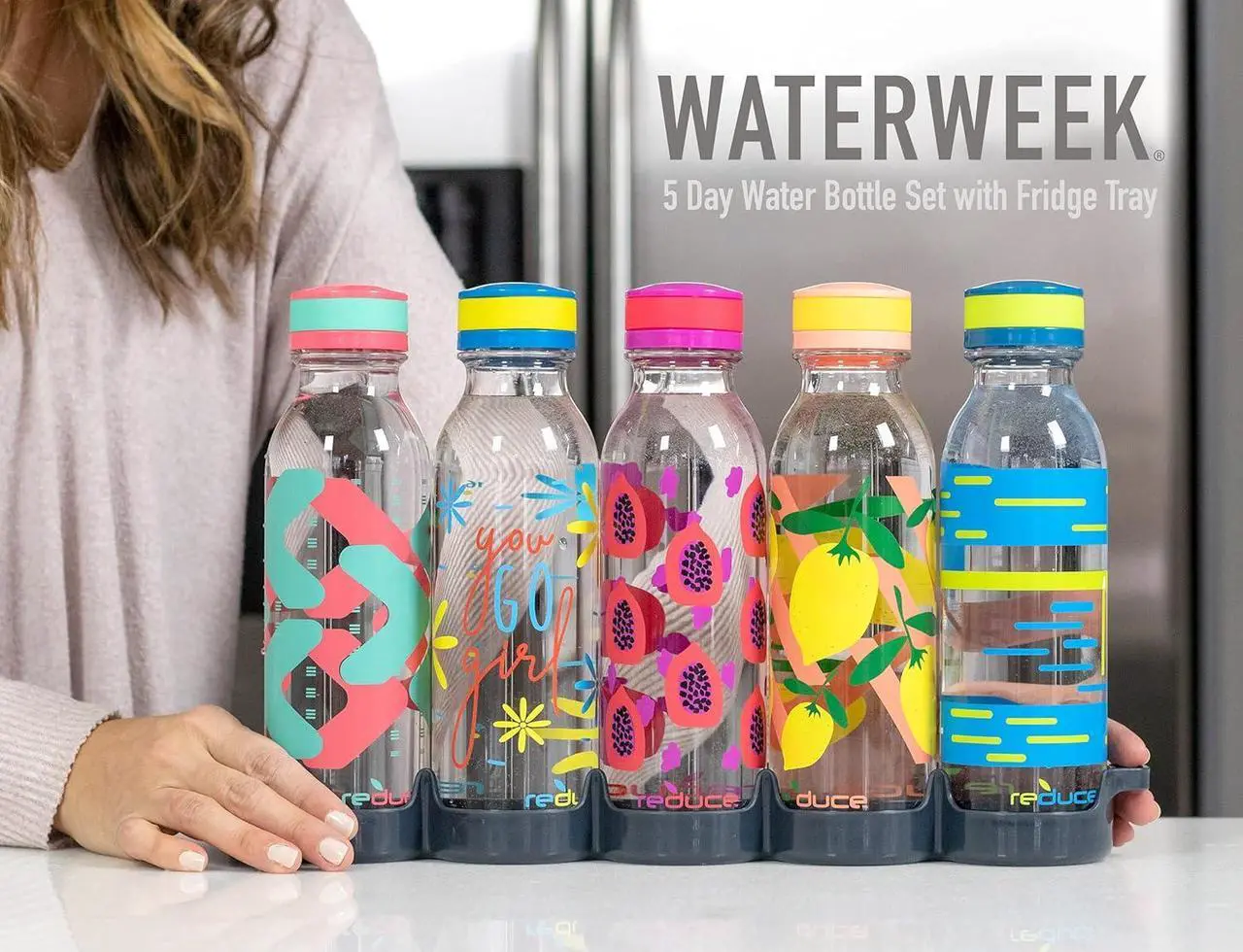 Alt view image 2 of 7 - Reduce WaterWeek Reusable Water Bottle Set, 20oz  Plastic Reusable Water Bottle Set of 5, Plus Fridge Tray  BPA-Free, Leak Proof Twist Off Cap  Trek