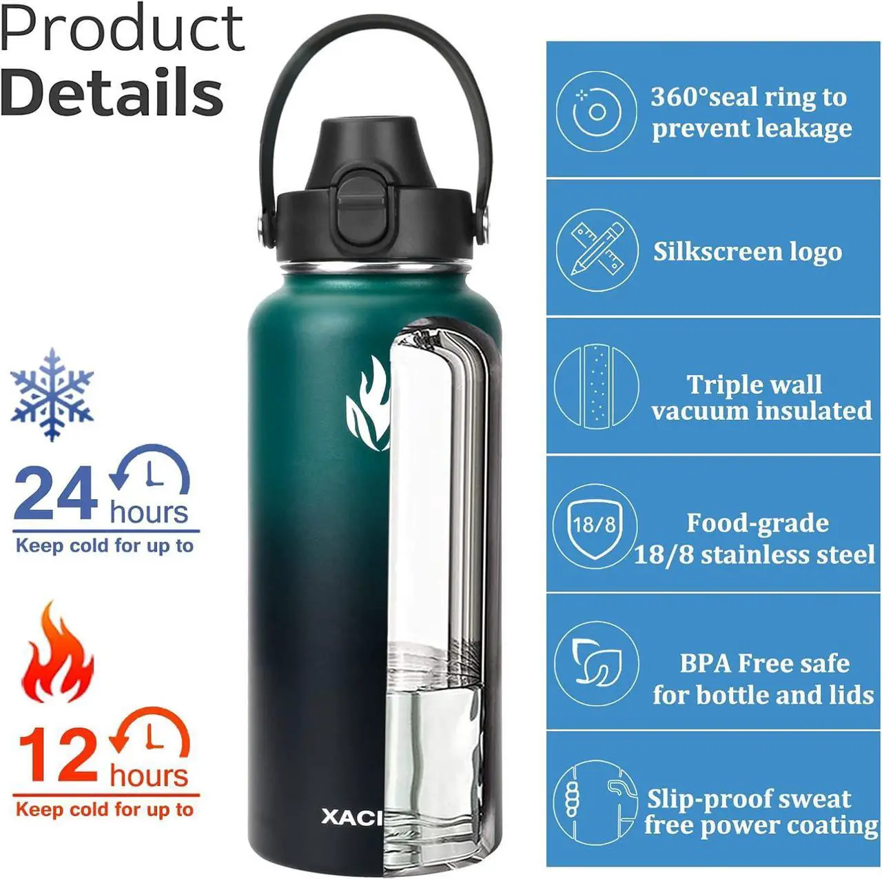 Alt view image 4 of 7 - XACIOA 32oz Water Bottle,Vacuum Insulated Stainless Steel Water Flask with Straw Lid Auto Spout Lid Sport Lid,Leak Proof,Double Walled Travel Drink Mug,Metal Canteen,Hot Cold Water Bottles