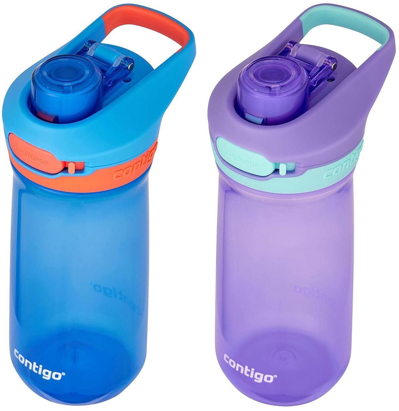 Alt view image 7 of 7 - Contigo Jessie Kids Water Bottle, Leak-Proof Lid, 14oz, Dishwasher-Safe, Fits Most Cup Holders, 2-Pack Blue Poppy/Coral & Amethyst/Jade