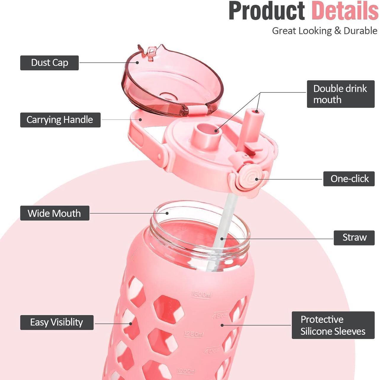 Alt view image 3 of 7 - MUKOKO Half Gallon/64 oz Glass Water Bottles with Straw and Lid,Motivational Water Jug with Time Marker Reminder and Silicone Sleeve,100% Leakproof BPA Free Fitness Sports Large Bottle-Pink