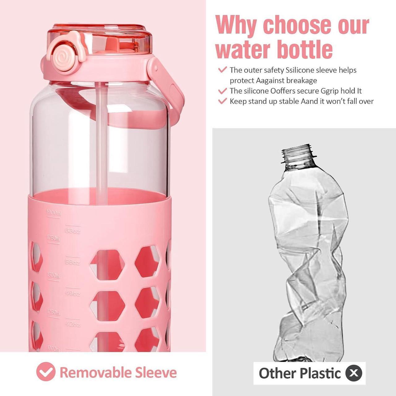 Alt view image 6 of 7 - MUKOKO Half Gallon/64 oz Glass Water Bottles with Straw and Lid,Motivational Water Jug with Time Marker Reminder and Silicone Sleeve,100% Leakproof BPA Free Fitness Sports Large Bottle-Pink