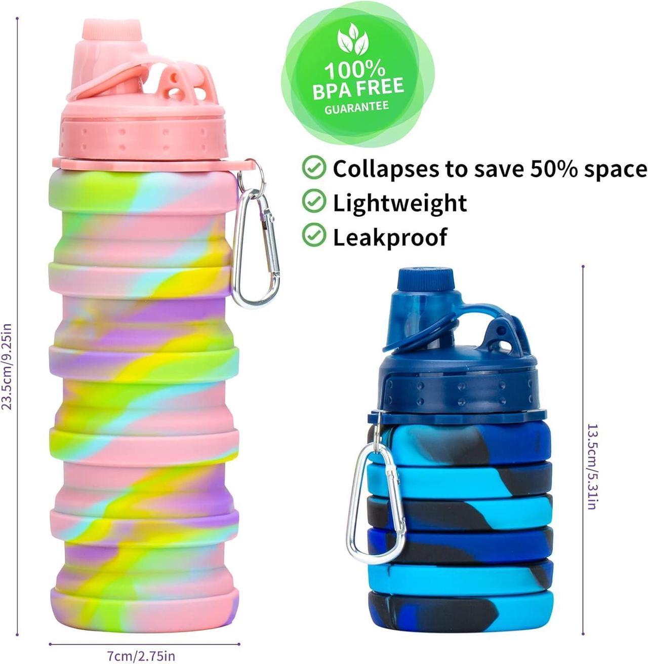 Alt view image 2 of 7 - Collapsible Water Bottles, 2 Pack 16oz Silicone Travel Water Bottle Leakproof BPA Free Foldable Sport Water Bottles with Leak proof Twist Cap for Camping,Hiking Outdoor Indoor Sport