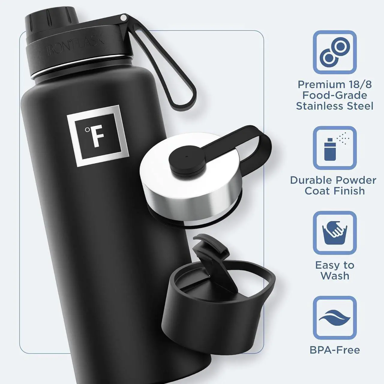 Alt view image 5 of 7 - IRON °FLASK Camping & Hiking Hydration Flask with 3 Lids - Stainless Steel, Double Walled & Vacuum Insulated Water Bottle - Leak Proof & BPA Free (Dark Night, Spout - 32 oz)