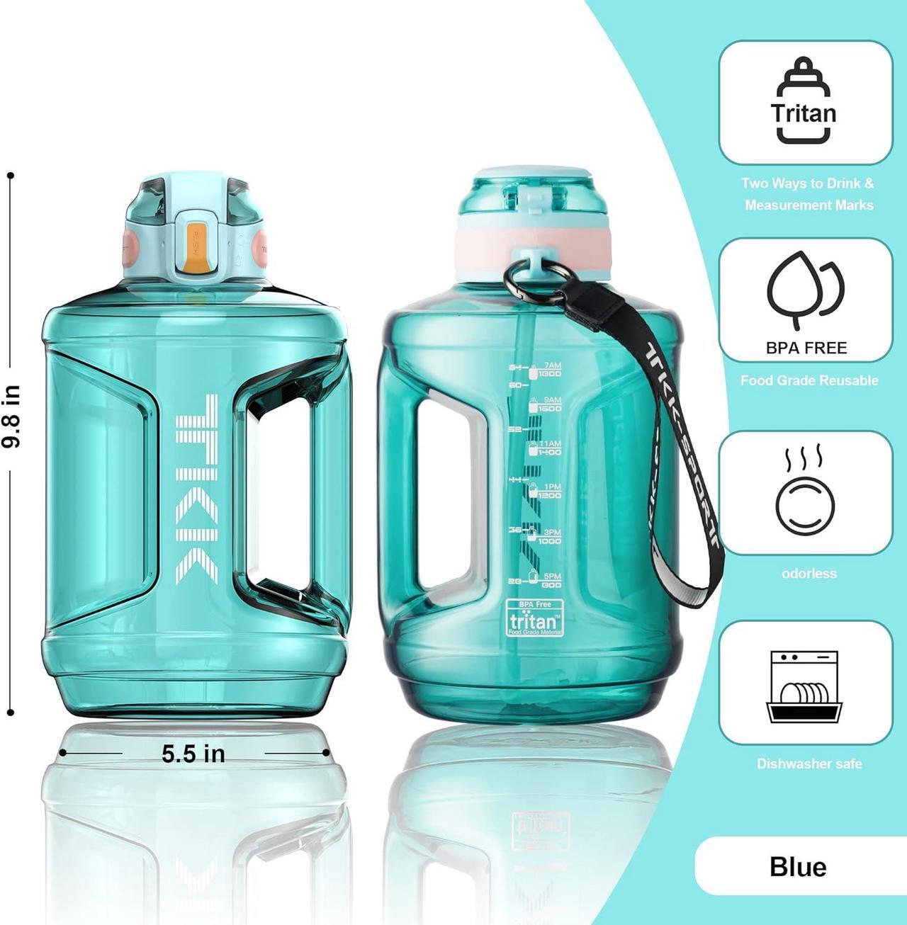 Alt view image 5 of 7 - TKK Half Gallon Water Bottle Jug with Straw Time Marker Big Water Bottle Dishwasher Safe 1/2 Gallon 64 Oz Water Bottle Jug BPA Free Tritan for Gym Yoga Travel Camping OutdoorBlue/Teal