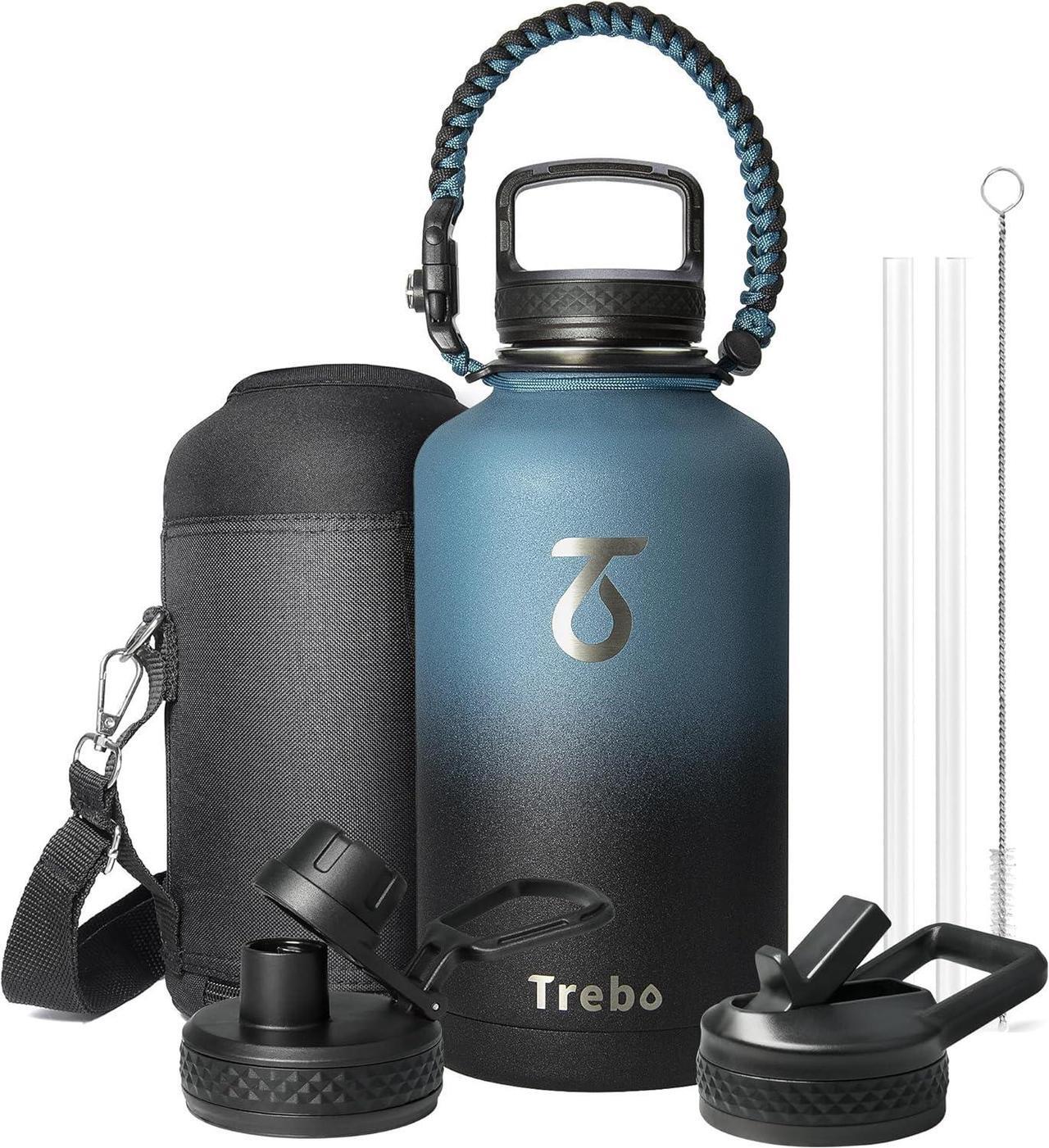 Main image of Trebo Water Bottle 64oz with Paracord Handle, Half Gallon Large Vacuum Double Wall Stainless Steel Insulated Water Jug with Holder Strap Straw Spout Lids, Leakproof Keep Cold & Hot, Indigo/Black