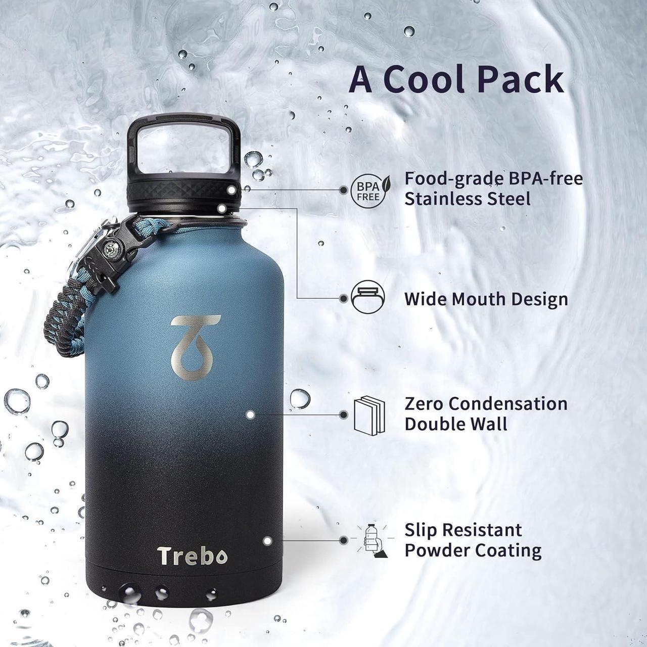 Alt view image 5 of 7 - Trebo Water Bottle 64oz with Paracord Handle, Half Gallon Large Vacuum Double Wall Stainless Steel Insulated Water Jug with Holder Strap Straw Spout Lids, Leakproof Keep Cold & Hot, Indigo/Black