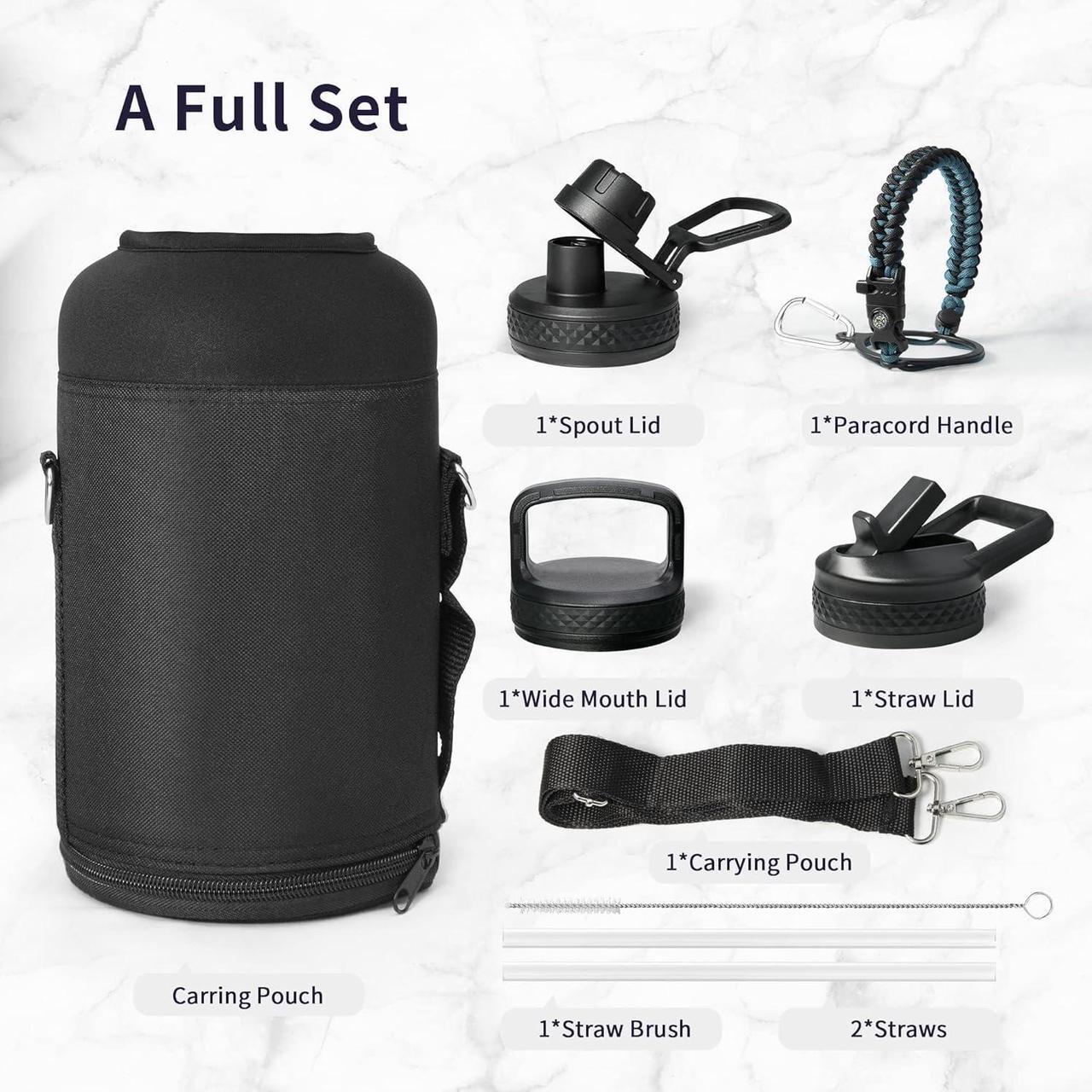 Alt view image 6 of 7 - Trebo Water Bottle 64oz with Paracord Handle, Half Gallon Large Vacuum Double Wall Stainless Steel Insulated Water Jug with Holder Strap Straw Spout Lids, Leakproof Keep Cold & Hot, Indigo/Black