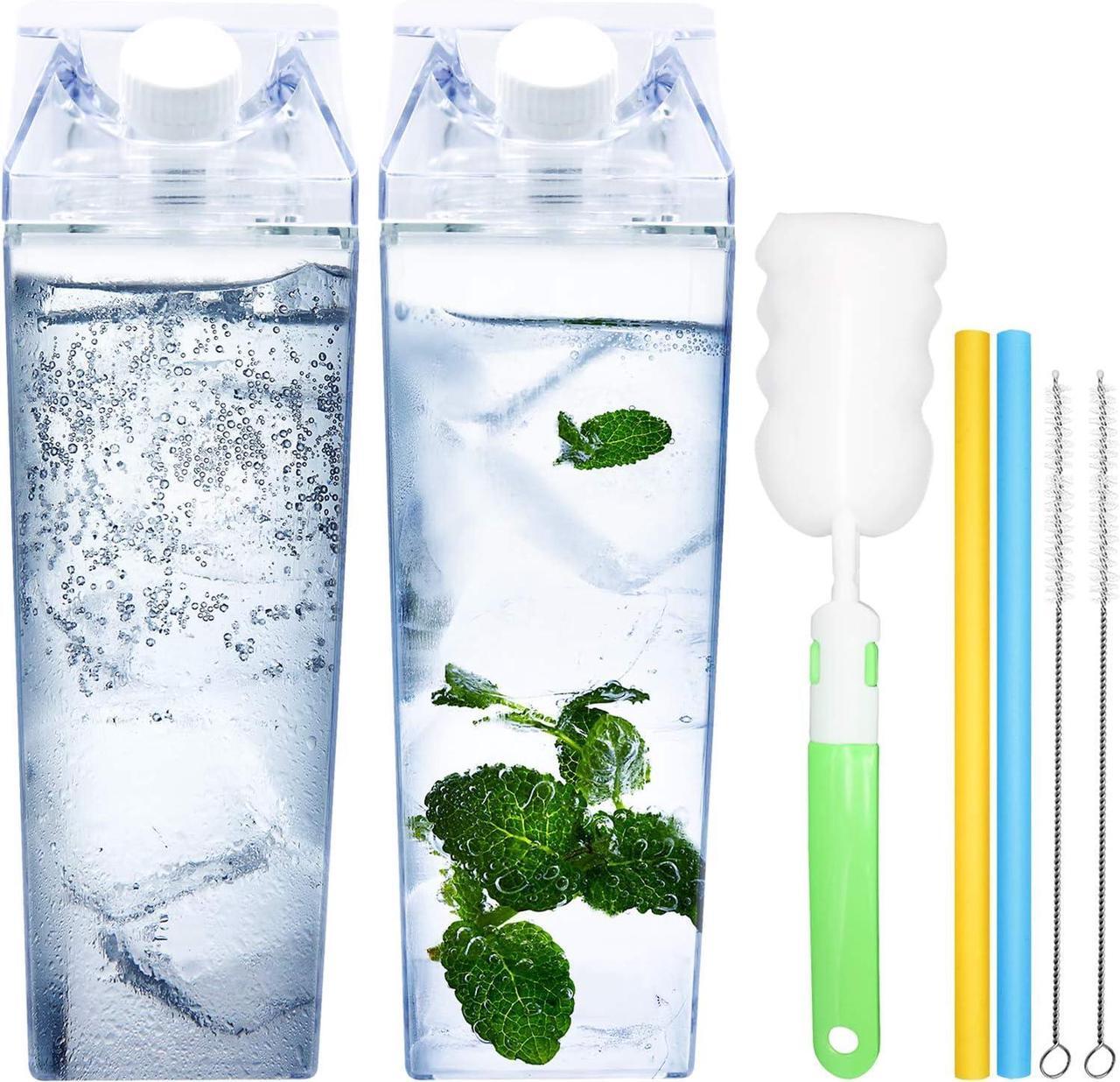 Main image of 2 Pack 33oz Milk Carton Water Bottle -Clear Square Milk Bottles BPA Free Portable Water Bottle with Straws & Cleaning Brush and Bottle Brush for Outdoor Sports Travel Camping Activities(H06)