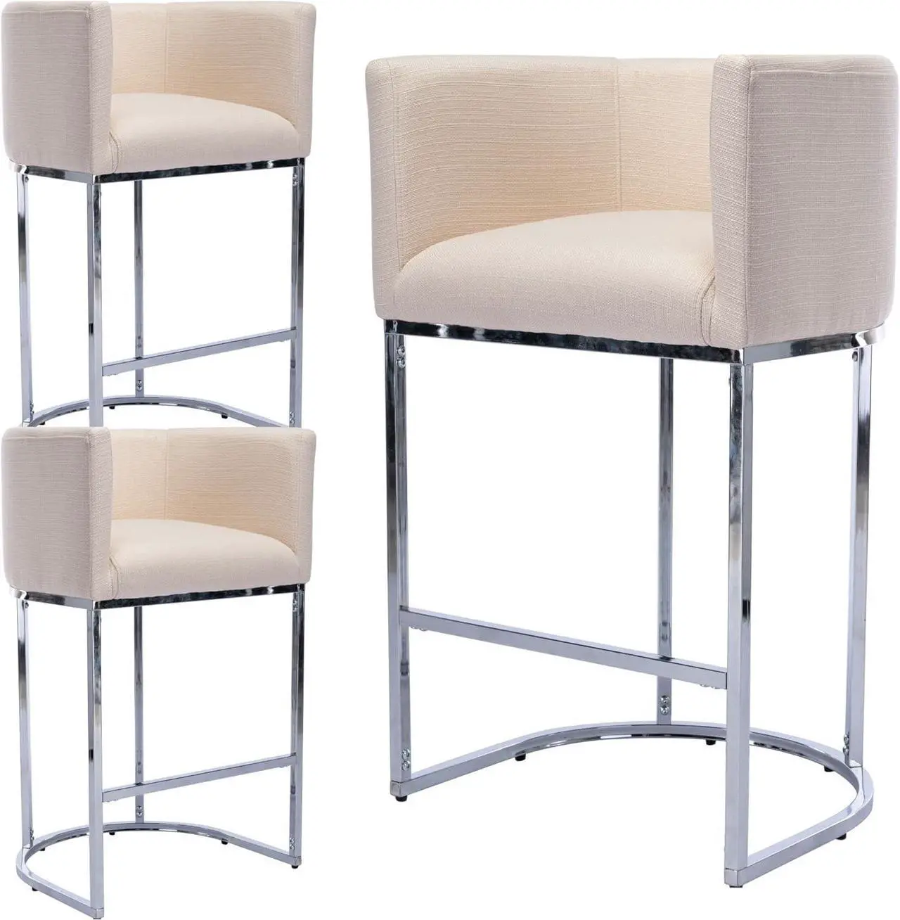 Main image of Contemporary Cream Linen Bar Stools Set of 3, 29" Upholstered Fabric Counter Height Barstools Kitchen Counter Island Stools with Screwed Together Chrome Finish Base